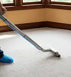 Steam carpet cleaning technician using a hot-water extraction wand on a residential carpet, wearing blue protective shoe covers {city}, {state}.